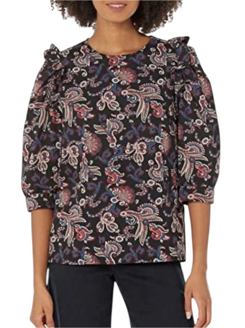 ba&sh Rym Black Paisley Puff-Sleeve ruffled blouse size L excellent condition - Picture 1 of 16